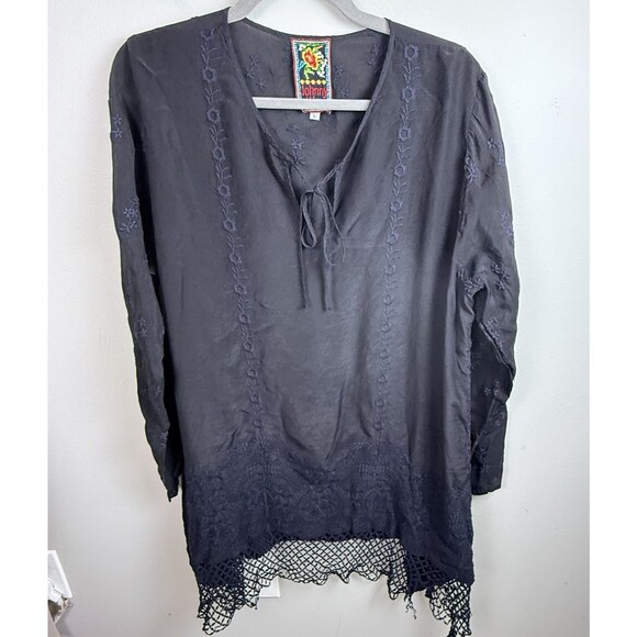 Johnny Was Blouse Top Floral Embroidered Boho Tie Crochet Black Large **READ** - Picture 1 of 6